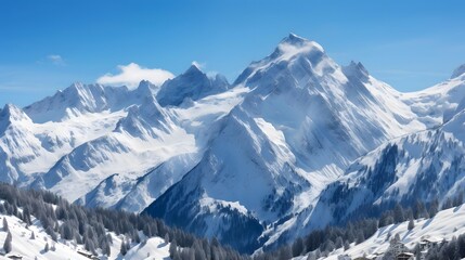  Panoramic view of the snowy mountains in the French Alps.