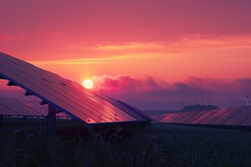 Aufkleber - Row of solar panels in field at sunset. Ideal for renewable energy concepts