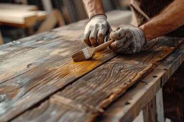 Poster - A person using a paint brush on a wooden table. Ideal for creative design projects