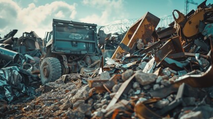 Poster - Bulldozer working on clearing rubble site, suitable for construction projects