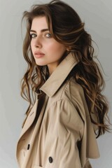 Poster - A woman with long brown hair wearing a trench coat. Perfect for fashion or lifestyle concepts