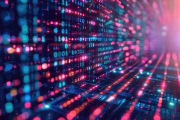 Poster - Bright and vibrant lights shining on a computer screen. Perfect for technology and innovation concepts
