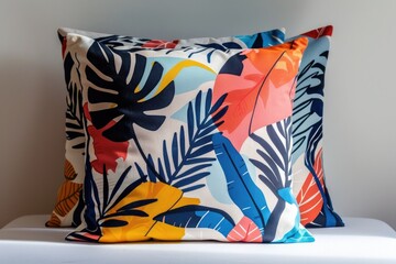 Poster - A vibrant pillow resting on a white chair. Suitable for home decor concepts