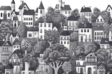 Aufkleber - Detailed black and white drawing of a city, suitable for architectural projects