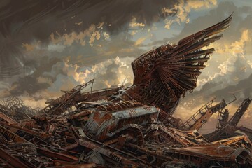 Poster - A bird perched on a heap of scrap, suitable for environmental concepts
