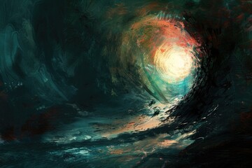 A painting depicting a light shining at the end of a dark tunnel. Suitable for illustrating hope and overcoming challenges