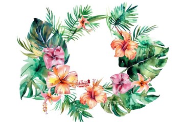 Poster - A beautiful wreath of tropical leaves and flowers on a white background. Ideal for summer or nature-themed designs