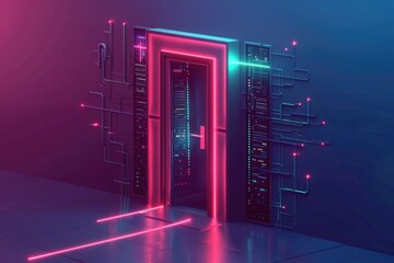 Poster - A room with an open door and neon lights. Perfect for urban or nightlife concepts
