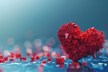 Poster - Heart made out of red cubes on a blue surface, perfect for love and Valentine's Day concepts