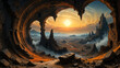 Beautiful vista at dawn of a fantasy realm of rocky mountains and vast canyon valley,  the view is from inside a large cavern portal with ancient stone structures in the rock formations.