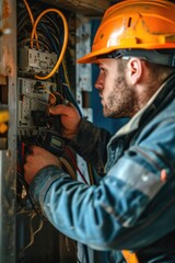 Aufkleber - A man in a hard hat working on an electrical device. Suitable for construction or industrial concepts