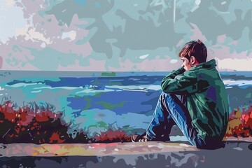 Poster - A boy sitting on a ledge, gazing at the ocean. Suitable for travel blogs or inspirational quotes