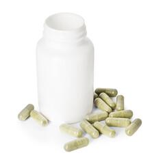 Sticker - Bottle and pile of vitamin pills isolated on white