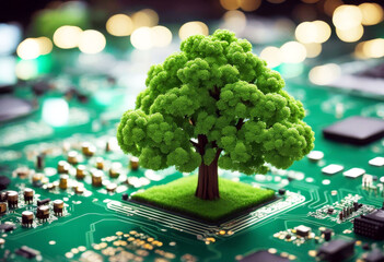 'it green board circuit computer growing tree eco hardware concept engineering leaf line vector tech environmental processor graphic digital chips technology abstract electrical high design'