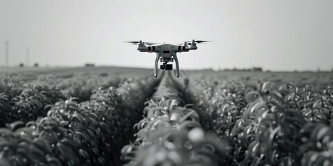 Poster - A drone captured flying over a lush cornfield. Suitable for agricultural and technology concepts