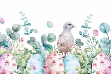 Poster - A bird perched on a colorful pile of painted eggs. Great for Easter-themed designs