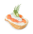 Tasty canape with salmon, cucumber, cream cheese and dill isolated on white
