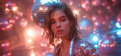 Wall Mural - Glamorous Woman in Sequined Jacket Near Disco Balls, Retro Party Atmosphere, Warm Light Ambiance