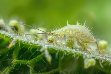 Sticker - Detailed view of a bug on a green plant. Suitable for nature and insect themes