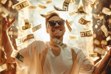Aufkleber - A man in sunglasses and white t-shirt throwing money. Suitable for finance concepts