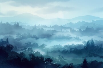 Poster - A scenic view of a mountain range with trees in the foreground. Suitable for nature and landscape themes
