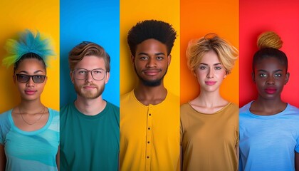 Diverse group of individuals on colorful backgrounds