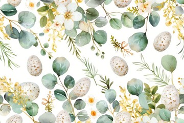 Poster - A beautiful watercolor painting of eggs and flowers on a white background. Perfect for Easter or spring-themed designs