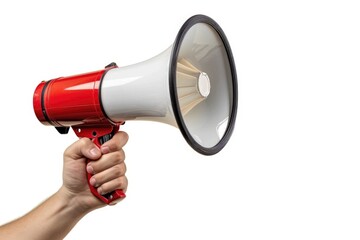 Poster - A hand holding a red and white megaphone, ideal for communication concepts