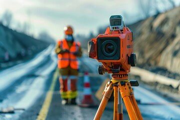 Poster - A camera on a tripod set up in the middle of a road. Suitable for photography concepts