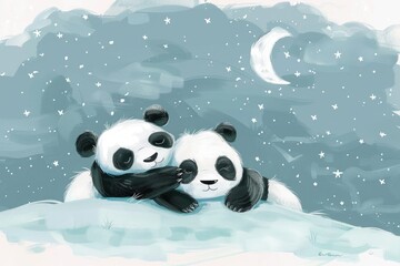 Wall Mural - Two panda bears sitting on a snow covered hill, perfect for winter themed projects