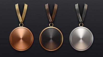 Three medals with ribbons on a black background. Suitable for awards and achievements concept