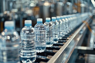 Aufkleber - Bottled water bottles on a conveyor belt, suitable for manufacturing industry concept