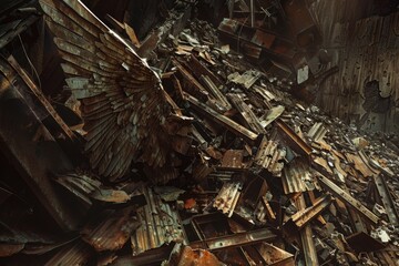 Poster - A bird sitting on a pile of rubble. Suitable for construction or environmental themes