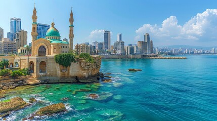 Wall Mural - Beirut skyline with Mediterranean backdrop, diverse architectural styles