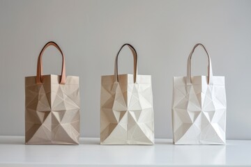 Aufkleber - Three paper bags sitting on top of a table. Suitable for retail or shopping concepts
