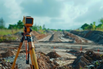 Poster - A tripod sitting on top of a pile of dirt, suitable for construction and outdoor photography