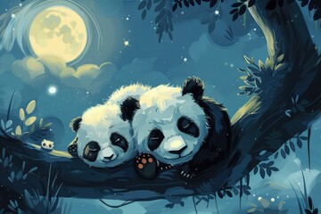 Poster - Two panda bears perched on a tree branch, suitable for wildlife and nature themes