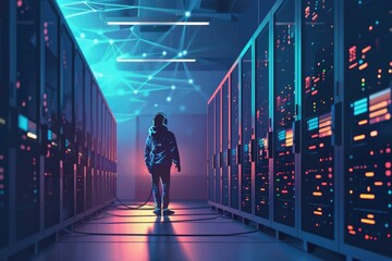 Poster - A person standing in a server room, suitable for technology concepts