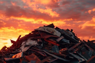 Poster - A pile of scrap metal with a beautiful sunset in the background. Perfect for industrial or environmental concepts