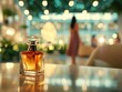 Perfume bottle on reflective surface with bokeh lights and woman silhouette