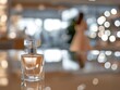 Perfume bottle on glossy table with bokeh and woman in the background