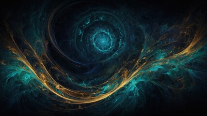 Poster - Swirling vortex of turquoise, gold dominates center of image, drawing eye into its depths. Wispy tendrils of color reach out from vortex, creating sense of movement, energy. Background fades to black.