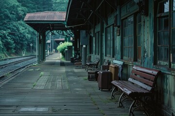 Poster - A train station with benches and a train on the tracks. Ideal for transportation concept designs