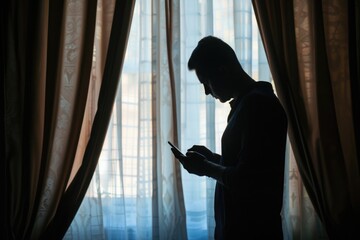 Poster - Man standing in front of window with cell phone. Suitable for technology concepts