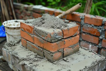 Poster - A pile of bricks on top of a pile of cement. Suitable for construction projects