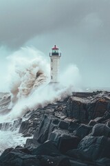 Poster - A lighthouse standing on a rocky shore with waves crashing over it. Suitable for maritime and coastal themes