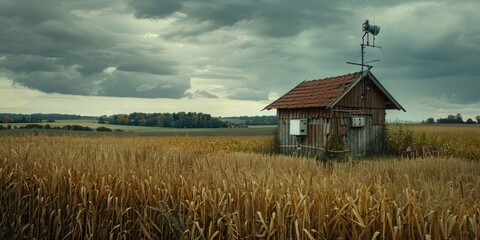 Poster - A quaint small house standing alone in a vast field. Perfect for real estate or nature concepts