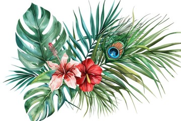 Wall Mural - Vibrant watercolor painting of tropical plants and flowers. Perfect for botanical illustrations and nature-themed designs