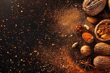 Poster - Various nuts and spices scattered on a black surface, perfect for food blogs or cooking websites