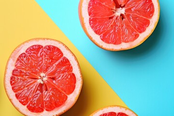Poster - Fresh grapefruits cut in half on colorful backdrop. Great for food and nutrition concepts